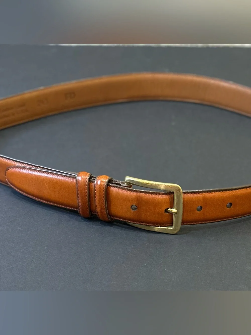 VTG 1990s Allen Edmonds Burnished Tan Calf Dress Belt Brass buckle 36